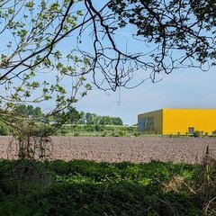 Landschaft, im Hintergrund Lagerhalle der Firma Noerpel