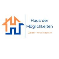 Logo der Aktion Haus der Möglichkeiten. Stylisiertes Haus mit Text: Zeven neu entdecken