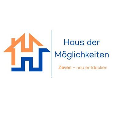 Logo der Aktion Haus der Möglichkeiten. Stylisiertes Haus mit Text: Zeven neu entdecken